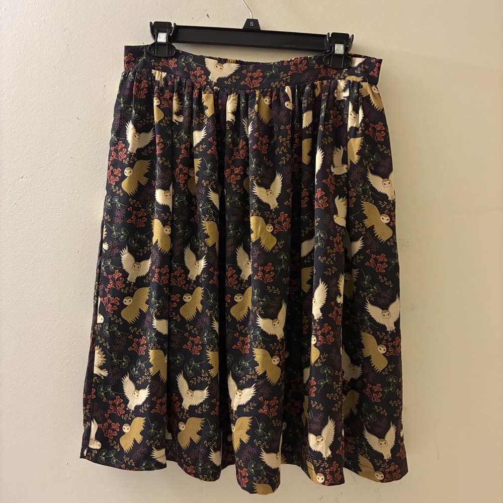 ModCloth Womens Size Medium Black Owl Print Pleated Midi Skirt M4613016